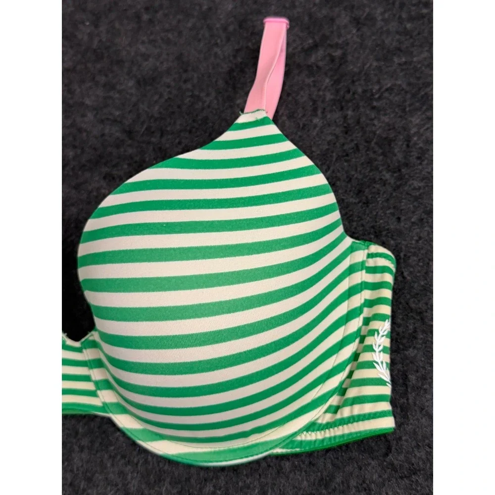 Victoria's Secret PINK T-Shirt Bra Women 34DD Green Striped Great Condition